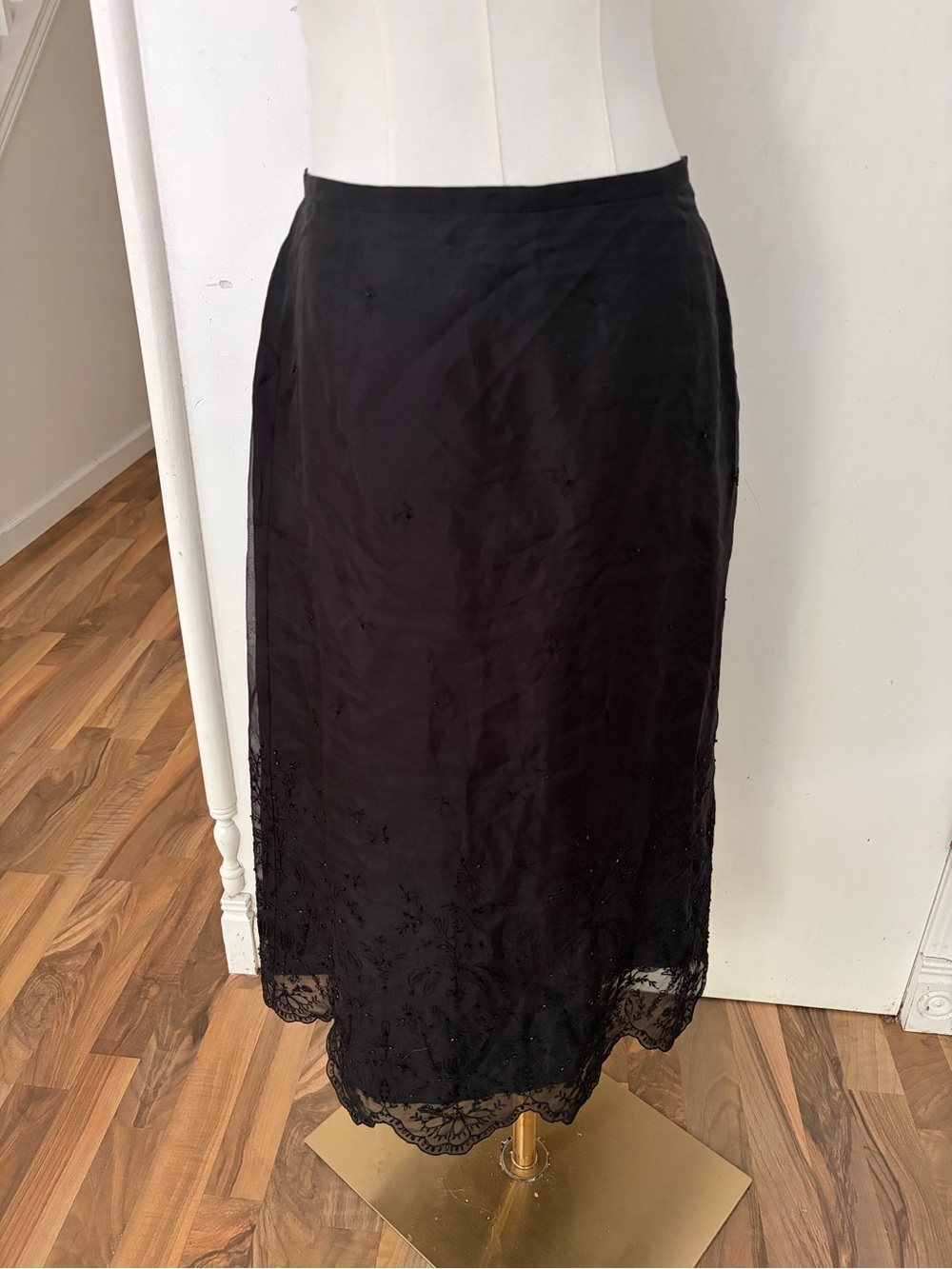 Vintage Ann Taylor Silk Black Embroidered Beaded Y2K Lace Midi Skirt, 6, Likenew